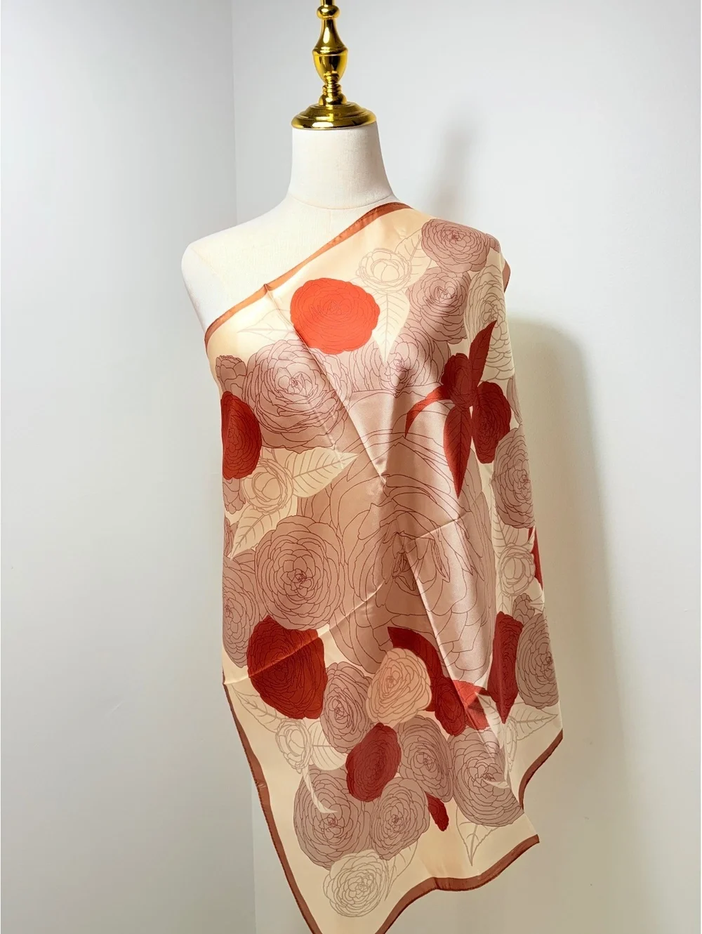 Elegant Floral Print Scarf in Cream, Red, and Mauve Shades